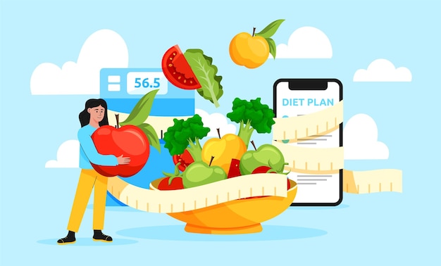 Vettore programma di dieta per la salute nutrizionale cibo per diabetici applicazione dimagrante per smartphone controllo del colesterolo e del peso pasto disintossicante verdure sane app per lo sport concetto di illustrazione vettoriale