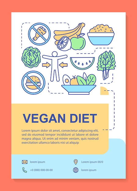 벡터 영양 계획 브로셔 템플릿 레이아웃입니다. 채식주의 식단 전단지, 소책자, 선형 삽화가 있는 전단지 인쇄 디자인. 잡지, 연례 보고서, 광고 포스터를 위한 유기농 식품 벡터 페이지 레이아웃