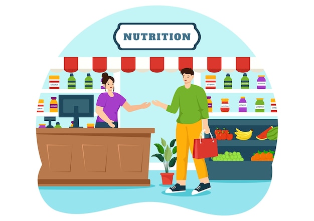 Illustrazione del magazzino nutrizionale con integratori alimentari di vitamine e minerali come le verdure