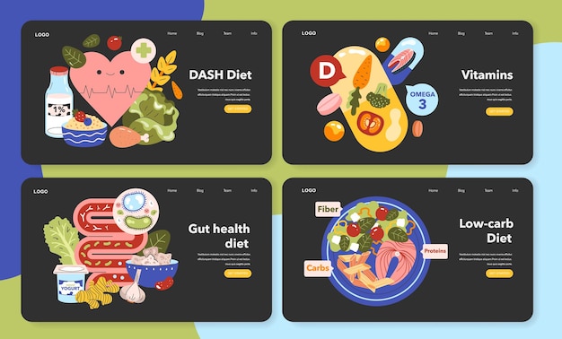 벡터 영양 초점 컬렉션은 다쉬 장 건강과 저 탄수화물 식단에 대한 다채로운 묘사를 함께 설정합니다.