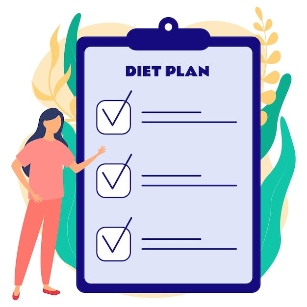 Concetto nutrizionista piano dietetico per la perdita di peso raccomandazioni per alimenti sani e sport per il programma di terapia dietetica illustrazione vettoriale piatta