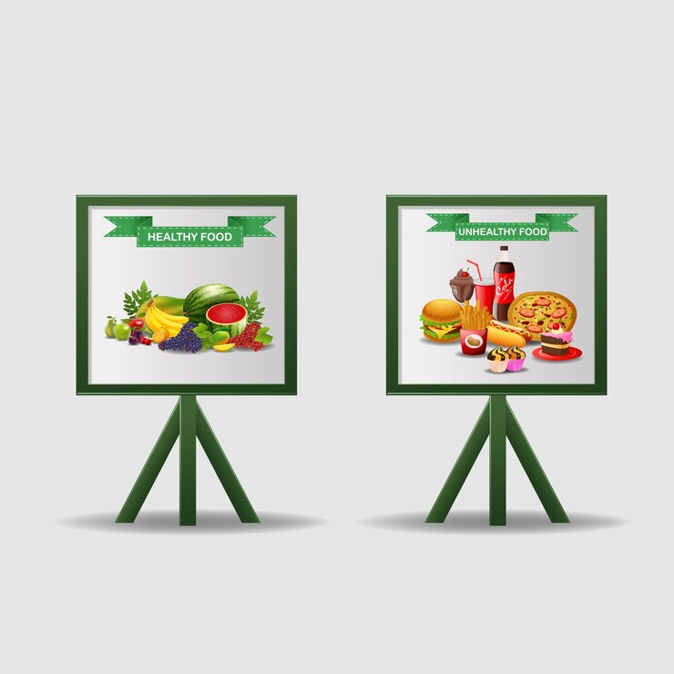 Vector nutritionist illustration poster about dietetic healthy and unhealthy food vector