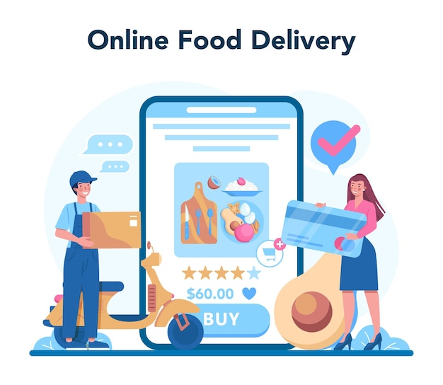 Nutritionist online service or platform. nutrition therapy with healthy food and physical activity. online food delivery. vector illustration