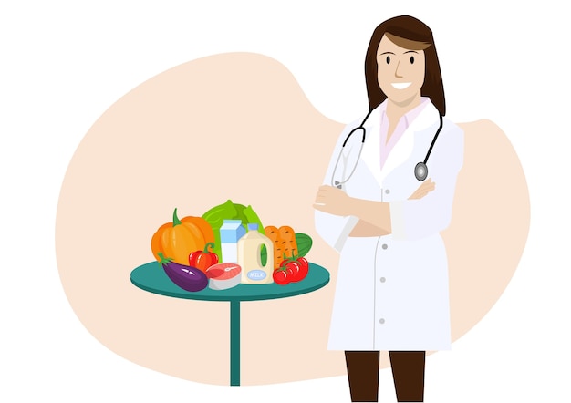 Vector nutritionist she smiled brightly and has shown healthy fruits and vegetables concept of health care and diet