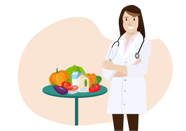 nutritionist she smiled brightly and has shown healthy fruits and vegetables concept of health care and diet