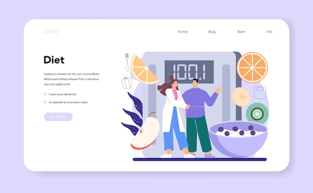 Nutritionist web banner or landing page. Nutrition therapy with healthy food and physical activity. Weight loss recommendation and diet plan. Vector illustration in cartoon style