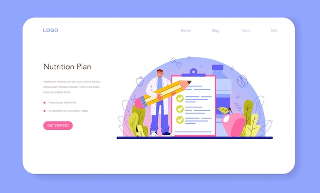 Вектор Веб-баннер диетолога или целевая страница. диетотерапия со здоровой пищей и физической активностью. программа похудения и план диеты. векторная иллюстрация в мультяшном стиле