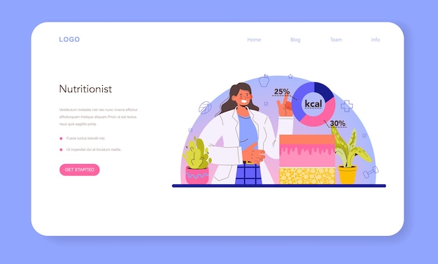 栄養士のウェブバナーまたはランディングページ。健康的な食事と身体活動を伴う栄養療法。減量プログラムとダイエット計画。漫画スタイルのベクトルイラスト