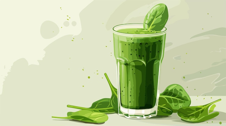 Vector nutritious spinach smoothie in glass on bright background