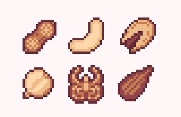 Set di pixel art assortimento di noci. raccolta semi, cacao e fagioli.