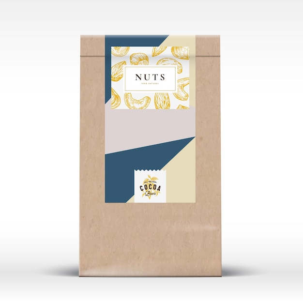 Nuts chocolate craft paper bag этикетка продукта абстрактная векторная упаковка дизайн макета с реалистичными тенями современная типография и рисованный вручную лесной орех кешью и миндальный силуэт