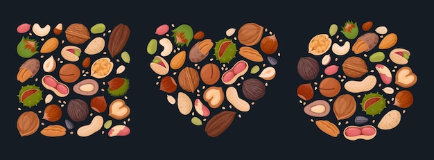 nuts circle heart and square frames cartoon nuts frames pistachio peanut walnut and almond geometric shapes flat vector illustration set raw nuts frames