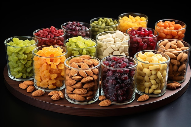 Vector nuts mixed composition with dried fruits and assorted healthy nuts