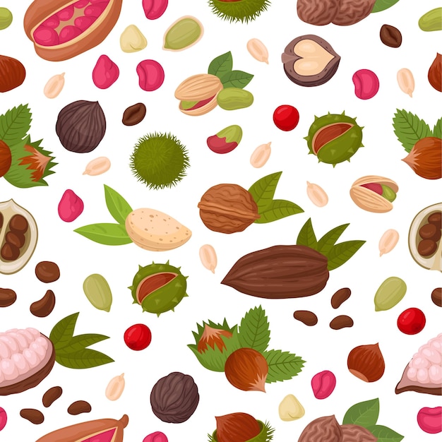 Vector nuts pattern seeds and nuts seamless design almond peanut walnut and macadamia print nuts and seeds endless flat vector background illustration