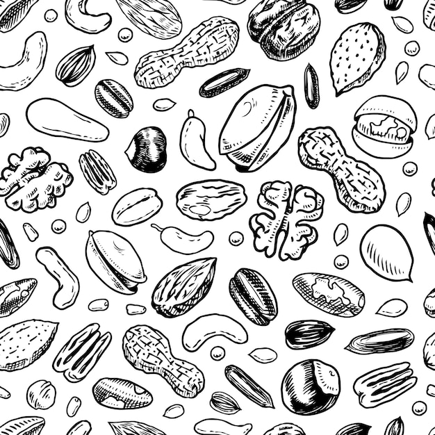 Nuts seamless pattern Seeds and granule corn and grain Hazelnut Walnut Almonds Food concept Top view background Vintage poster Engraved hand drawn sketch in Monochrome style