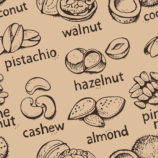 Nuts set vector seamless pattern various nuts