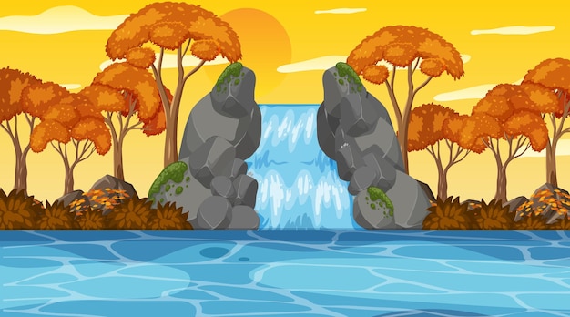 Сцена нутюр с водопадом в лесу и реке во время заката