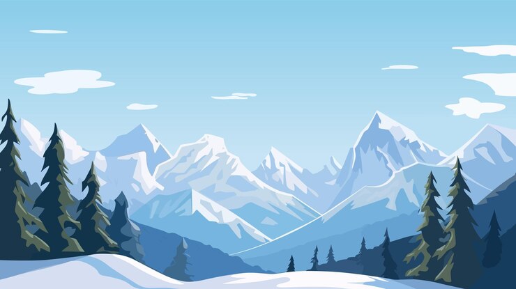 Vector nuy bergen met groenblijvende bomen en heldere blauwe luchten cartoon illustratie