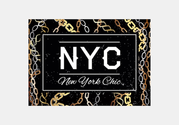 Vector nyc slogan typography on gold chain pattern background fashion tshirt design girls tee shirt trendy print