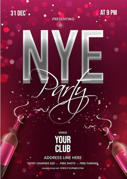 Vector nye party invitation card or flyer with champagne bottle and event details on burgundy bokeh background.