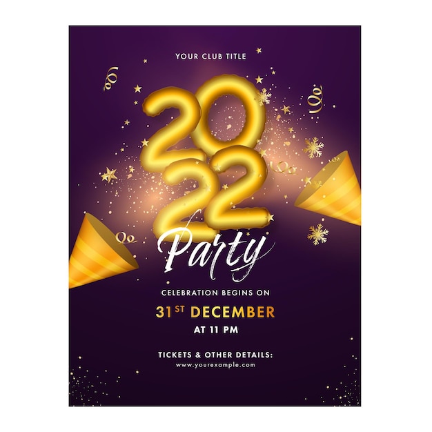 Nye party invitation card with 3d golden 2022 number and exploding party popper on purple background.