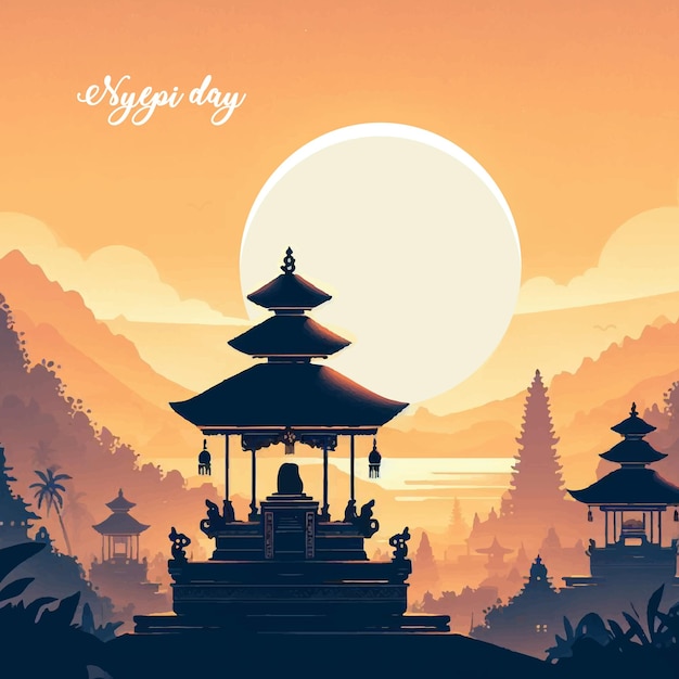 Nyepi dag van stilte achtergrond illustratie met tempel bij zonsondergang