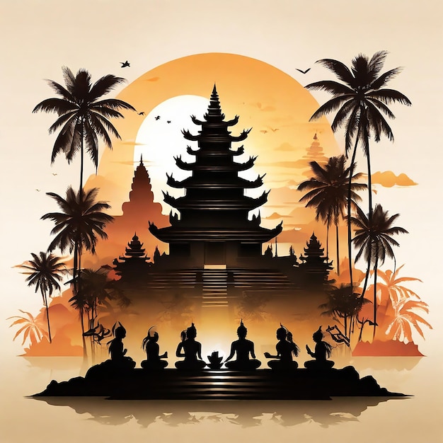 Nyepi dag van stilte illustratie met tempel op de achtergrond bij zonsondergang