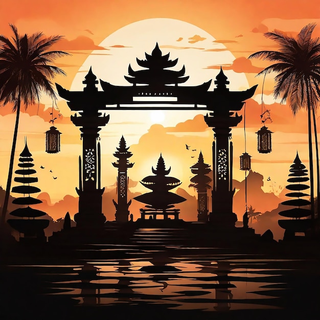 Nyepi dag van stilte illustratie met tempel op de achtergrond bij zonsondergang