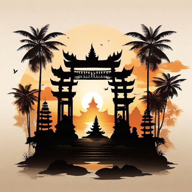 Nyepi day of silence illustration with temple at sunset background