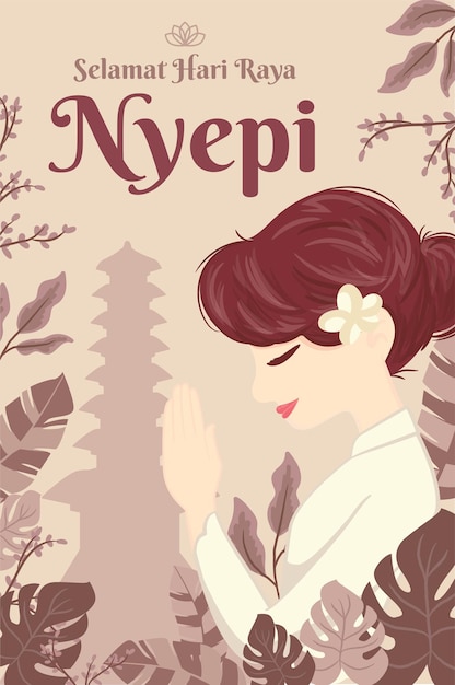 Vector nyepi greeting balis day of silence with pura bali background and girl praying vector