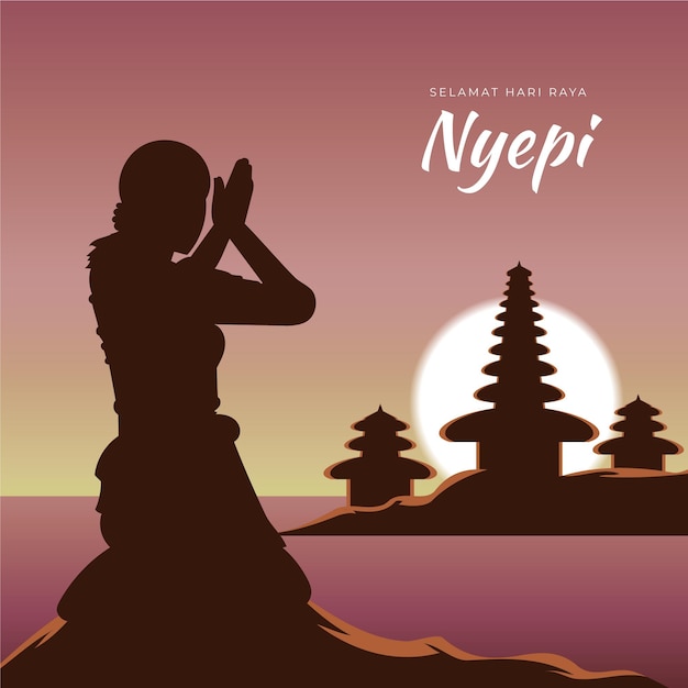 Nyepi illustratie met silhouet mediteren