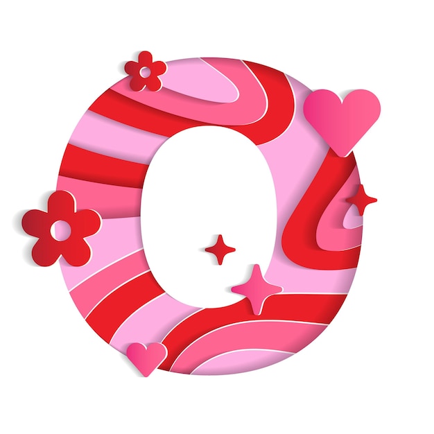 O alphabet valentines day love character font letter paper flower heart 3d layer paper cutout card