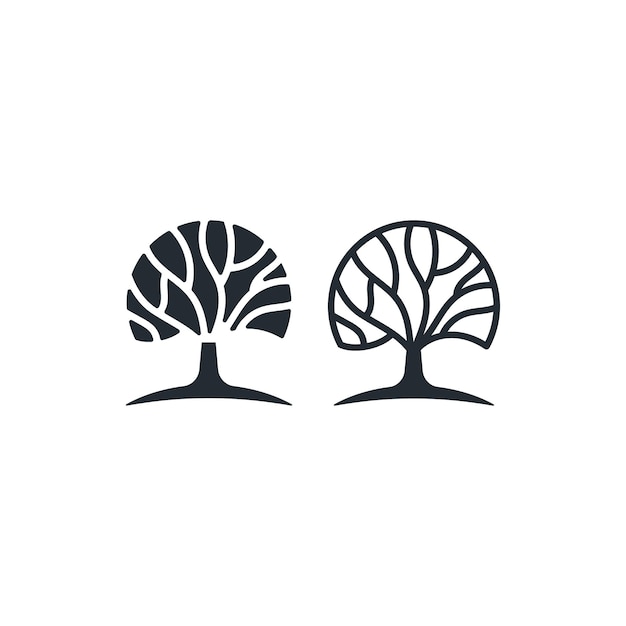 Oak or banyan tree line art logo icon design vector illustration