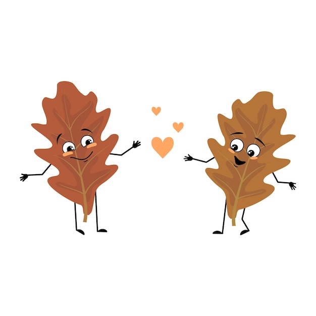 Oak leaf character with love emotions smile face arms and legs\
cheerful forest plant in autumn brown colour vector flat\
illustration