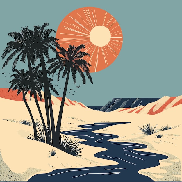 Oasis_in_the_desert_vector_illustrated (砂漠のオアシス・ベクトル・イラスト)