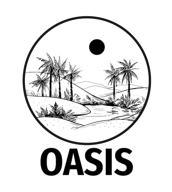 Oasis with palm trees and a lake in the desert. hand drawn vector sketch illustration