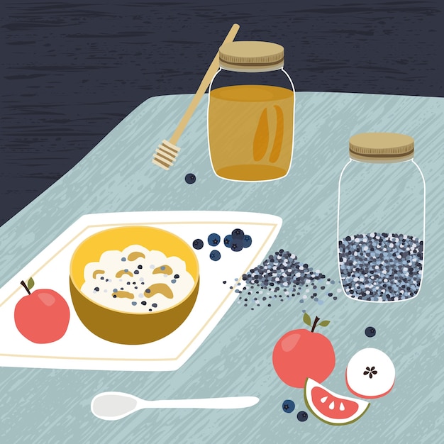 Vector oat cereals granola with honey and fresh blueberries rustical cartoon illustration top view