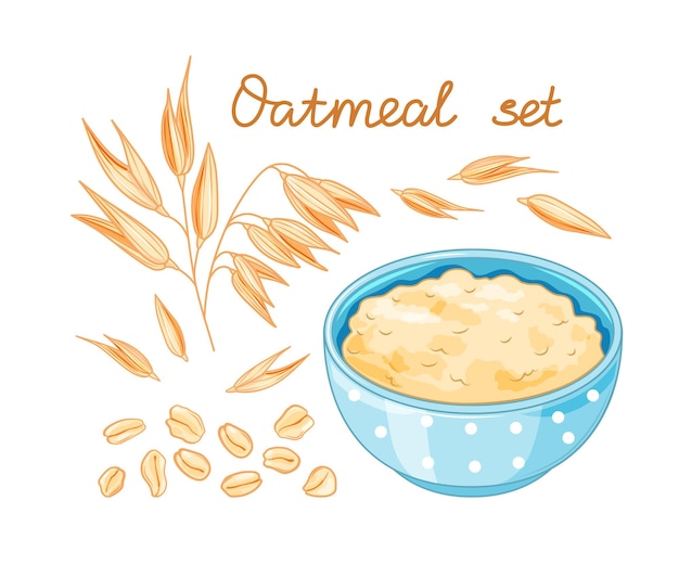 Vector oat meal set. cartoon style for healthy food design. bowl, oatmeal ear amp flake.