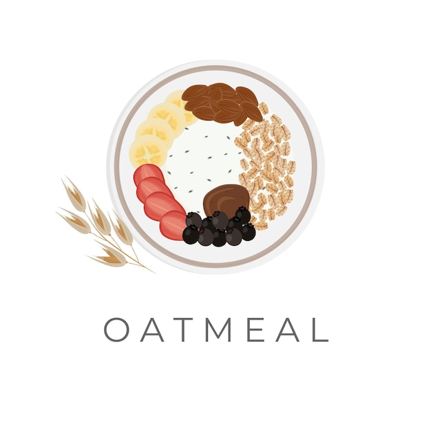Oat Seed Vector Illustration Logo With Fresh Fruit Milk Yogurt And Almonds