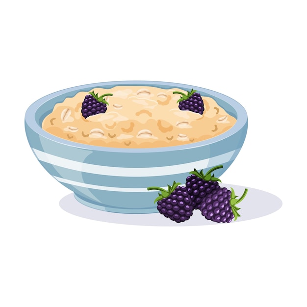 Vector oatmeal in blue bowl with blackberries vector illustration of an english breakfast cereal