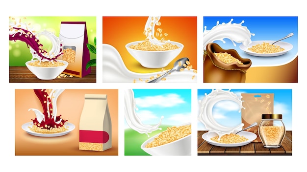Oatmeal breakfast promotional posters set vector. collection of different creative advertising marketing banners with oatmeal cereal porridge, milk and kitchenware. color concept layout illustrations