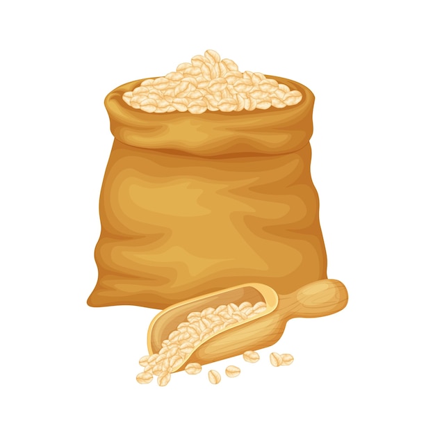 Farina d'avena farina d'avena in un sacchetto un grande sacchetto di chicchi di avena e un'illustrazione di vettore di cereali paletta di legno è