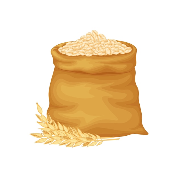 Farina d'avena farina d'avena in un sacchetto una grande borsa di chicchi di avena e una paletta di legno cereali illustrazione vettoriale isolata su sfondo bianco