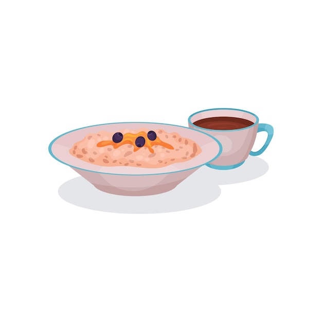Vector oatmeal porridge with blueberries and cup of tea traditional english breakfast vector illustration on a white background