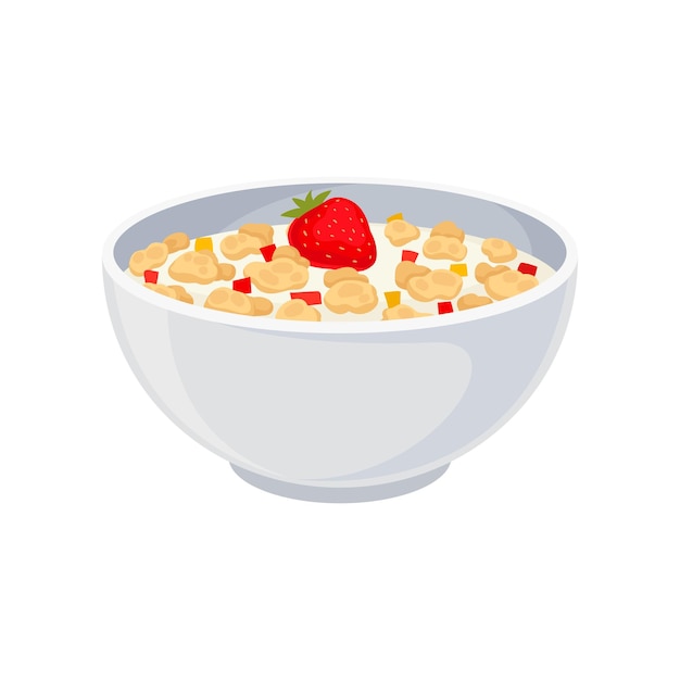 Oatmeal with strawberries in a ceramic bowl closeup Vector illustration on white background