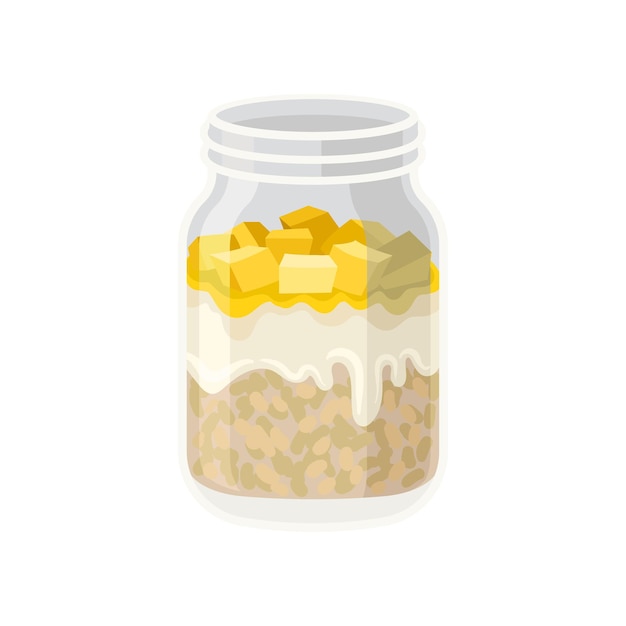 Oatmeal with yogurt and pieces of fruit in glass jar Healthy breakfast Organic and tasty food Vegetarian nutrition Flat vector icon