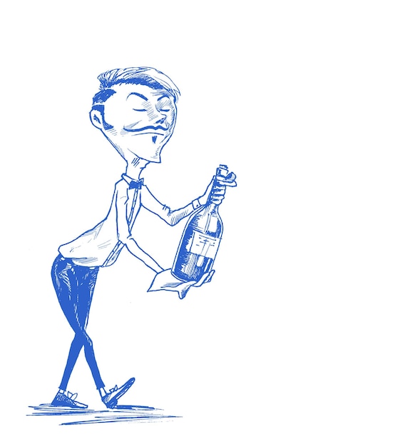 Ober serveert wijn in restaurant hand getrokken schets vectorillustratie