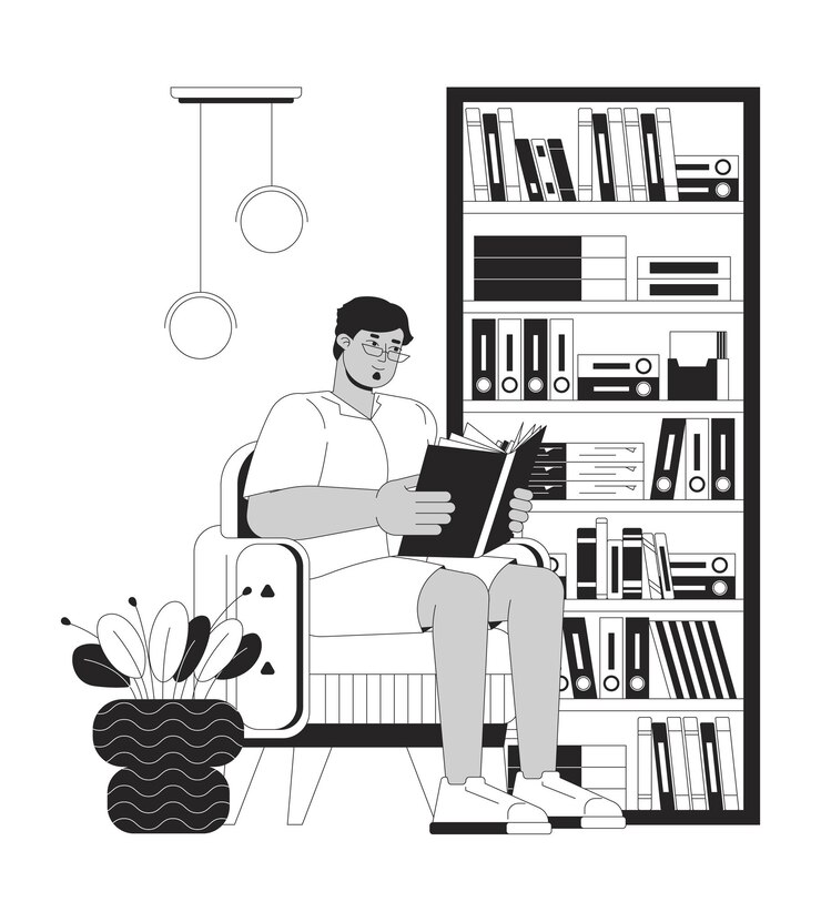 Толстый араб читает книгу дома черно-белый мультфильм плоская иллюстрация