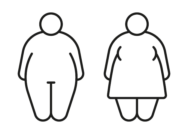 Vector obese body of man and woman obese fat line icon fat figure and big size risk diabetes people