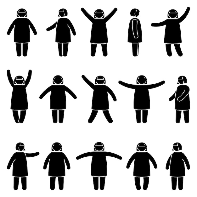 Obese overweight fat stick figure woman standing front side view in different poses vector icon